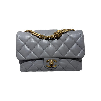 Used CHANEL Lambskin 22K all slide adjustable small flap bag Cross body bag Grey