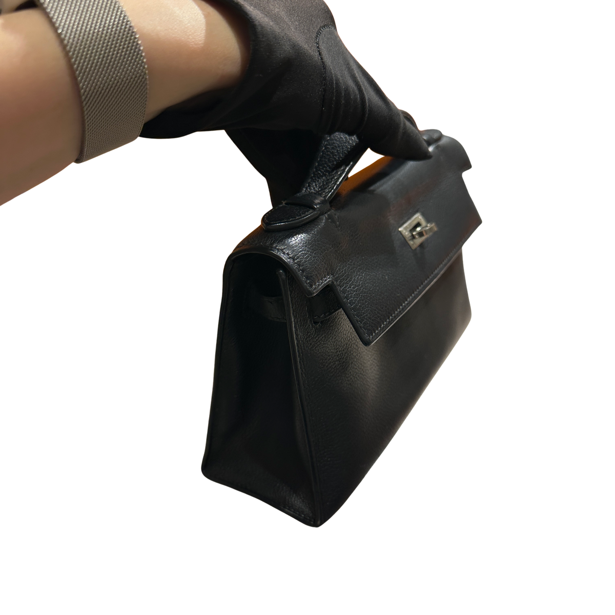 Used HERMES Leather Kelly Pochette Handbag Black Silver