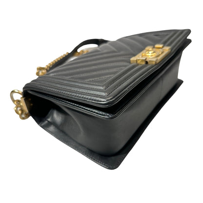 Used Chanel Lambskin Leather Boy 25 Shoulder Bag Black GHW