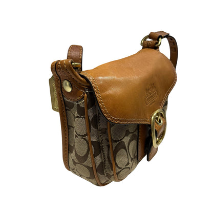 Used COACH Signature Canvas Leather Signature Canvas Flap Bag Crossbody Bag Brown Beige
