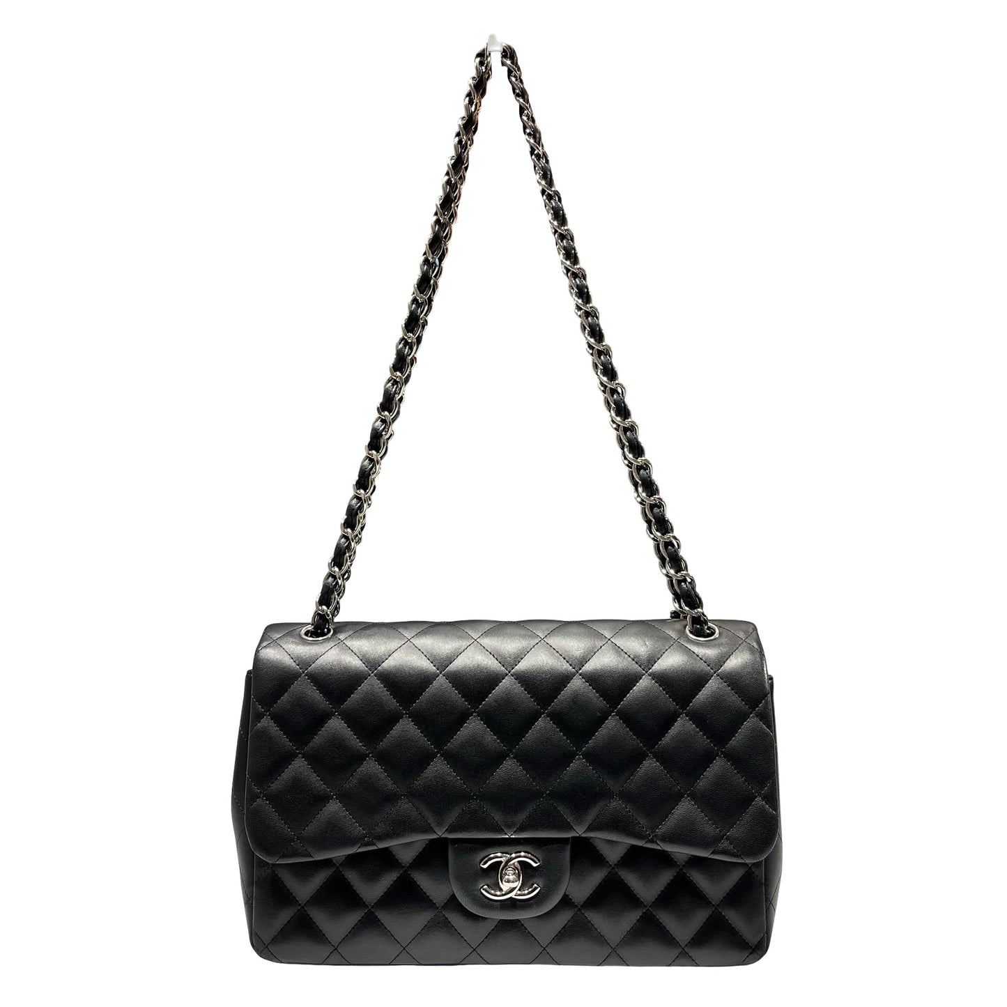 Used CHANEL Lambskin Leather Jumbo Shoulder Bag Black PHW