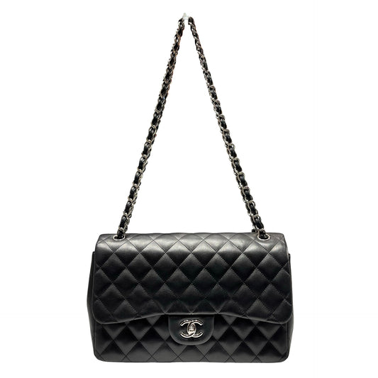 Used CHANEL Lambskin Leather Jumbo Shoulder Bag Black PHW