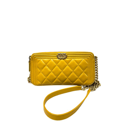 Used CHANEL Lambskin Leather Clutch Yellow GHW