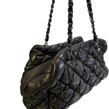 Used CHANEL Quilted Leather Bubble Quilted Bowler Bag Handbag Black Silver hardware