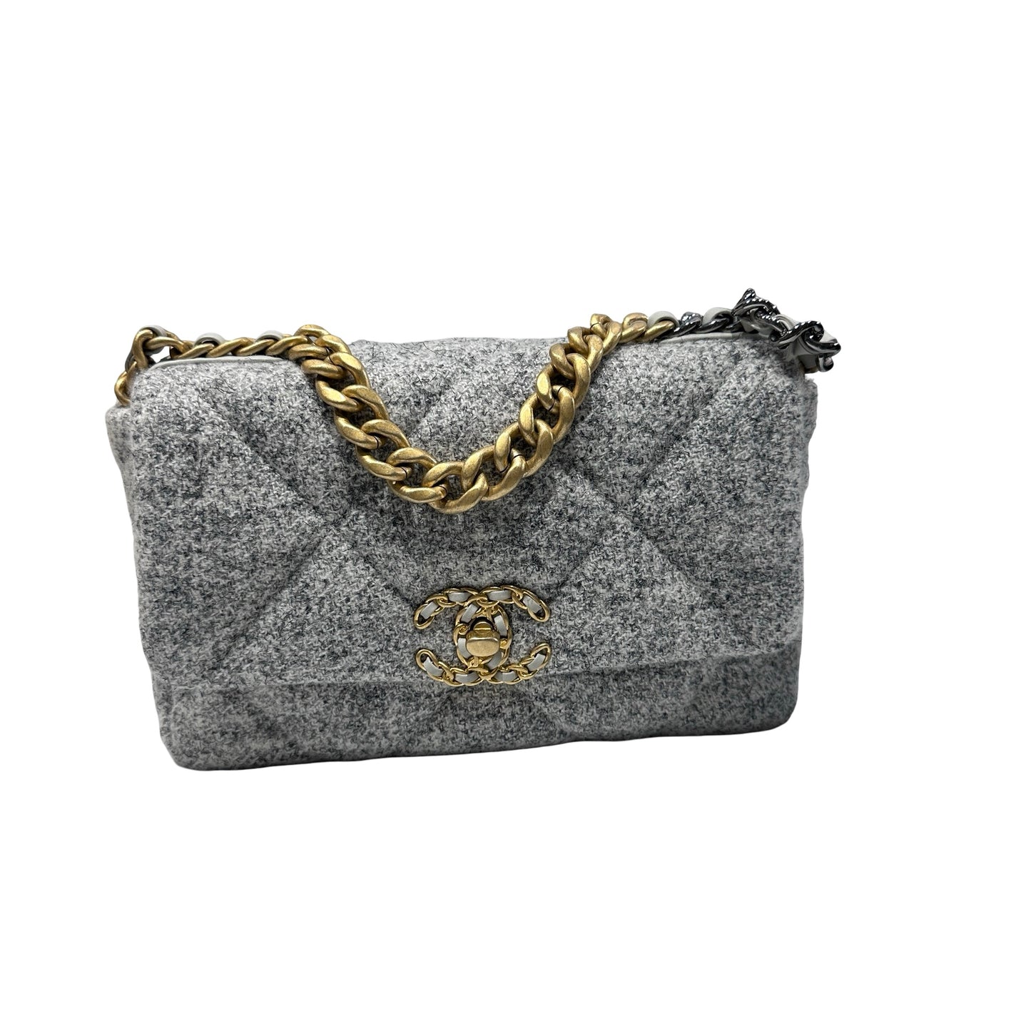 Used CHANEL Tweed 19 Small Shoulder Bag Gray GHW