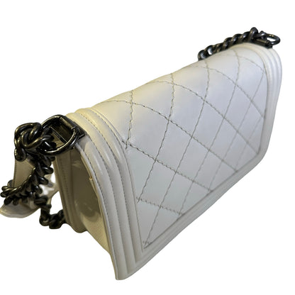 Used CHANEL Quilted Calfskin Boy Chain Shoulder Bag White
