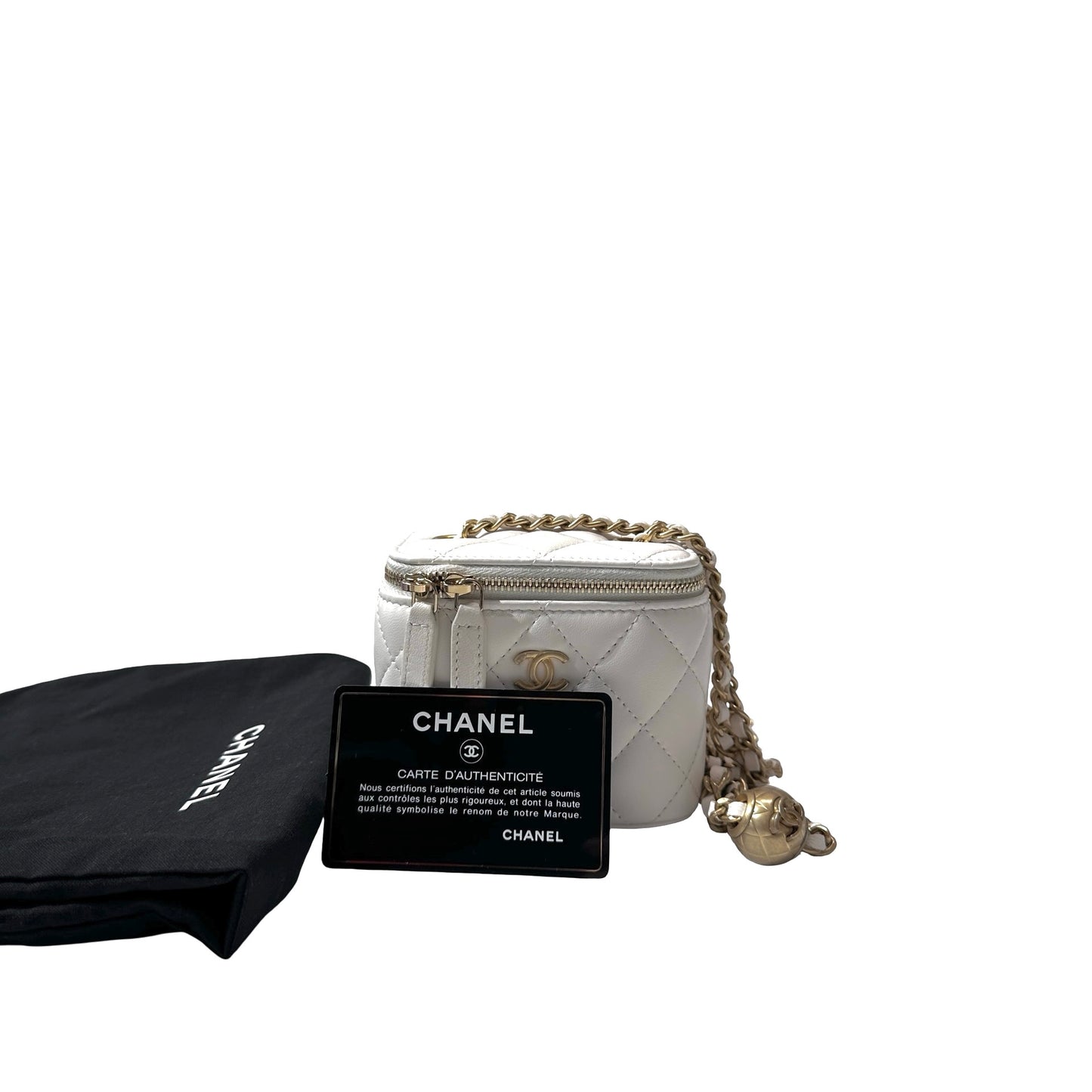 Used CHANEL Lambskin Leather Vanity Case with Gold Ball Cross Body Bag White GHW