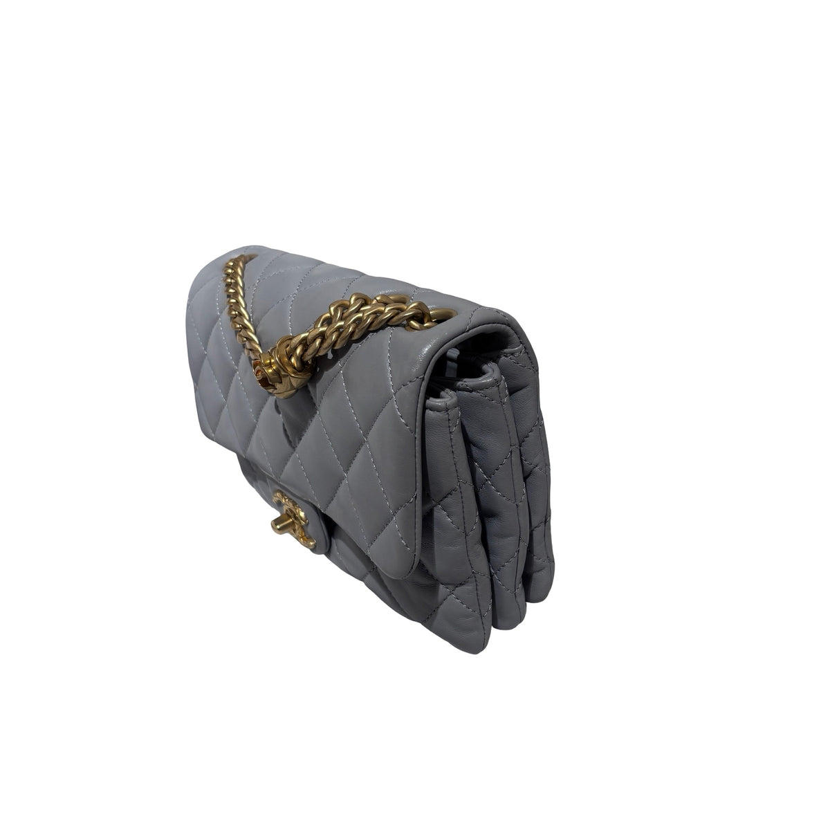 Used CHANEL Lambskin 22K all slide adjustable small flap bag Cross body bag Grey