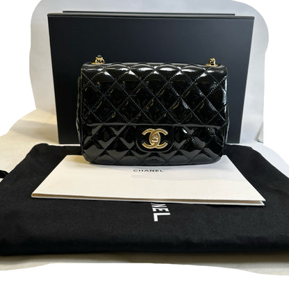 Used CHANEL Quilted Patent Leather Flap Bag Chain Shoulder Bag Black Gold