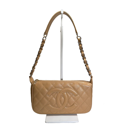 Used CHANEL Caviar Quilted Timeless CC Chain Shoulder Bag Beige GHW