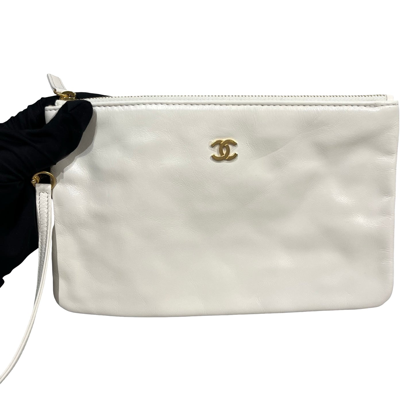 Used CHANEL Shiny Calfskin 22 Small Shiny Calfskin Shoulder Bag White Black GHW