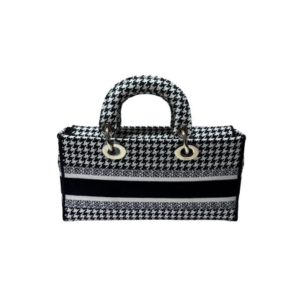Used DIOR Canvas D-Joy Medium Handbag Black White GHW