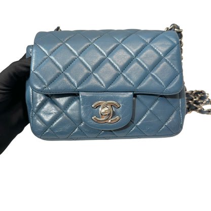 Used CHANEL Calfskin Leather Flap mini 17cm Cross Body Bag Blue PHW