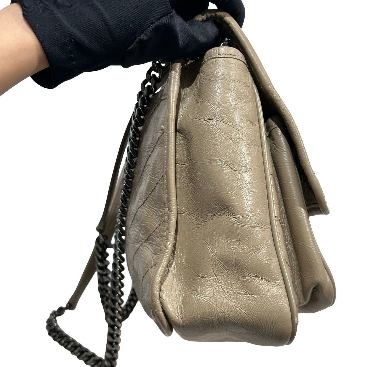 Used SAINT LAURENT Chevron Quilted Niki Chain Shoulder Bag Beige