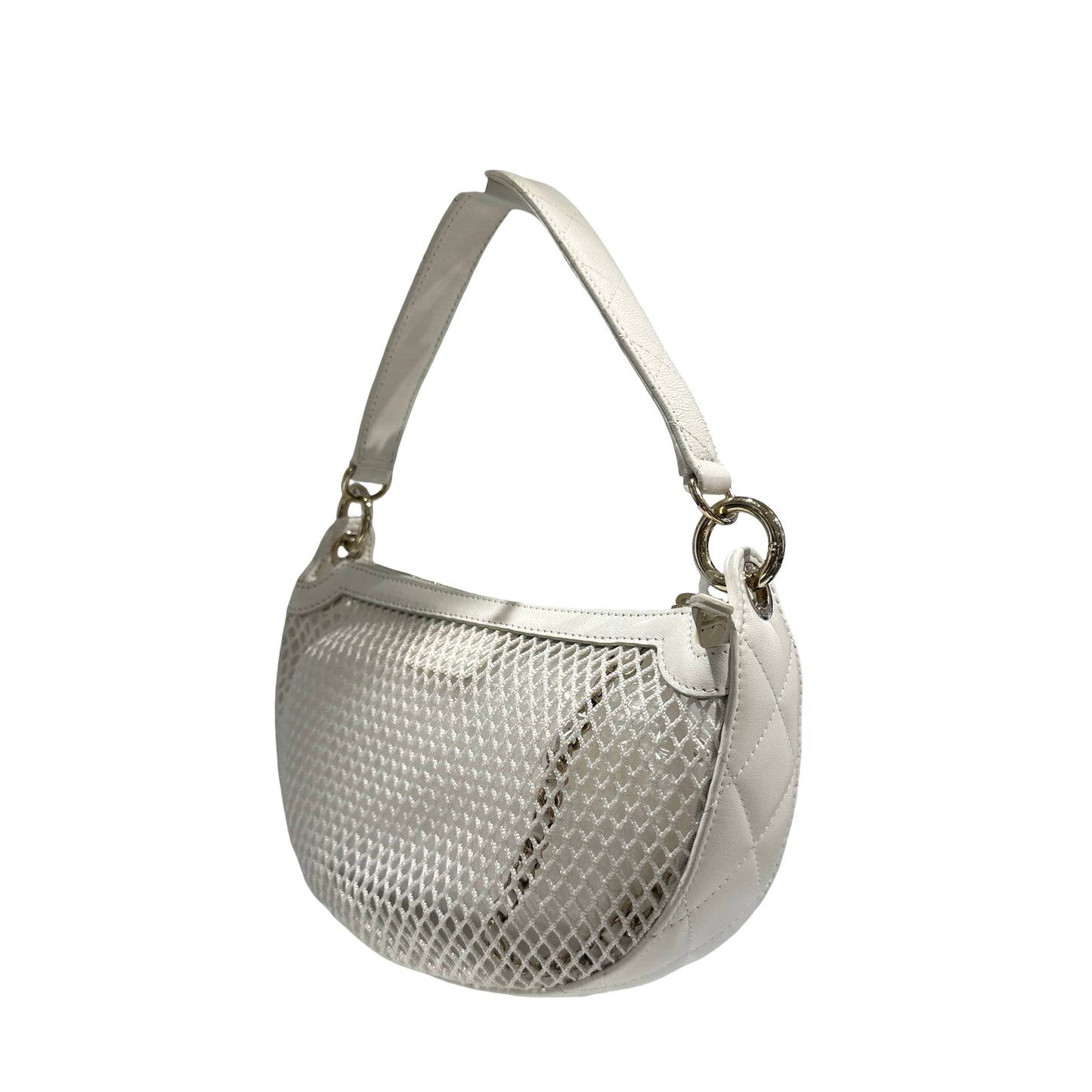 Used CHANEL Mesh Leather 25S Half Moon Clutch Hobo Bag White GHW
