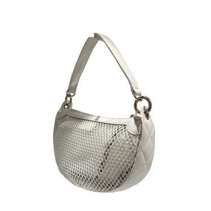 Used CHANEL Mesh Leather 25S Half Moon Clutch Hobo Bag White GHW