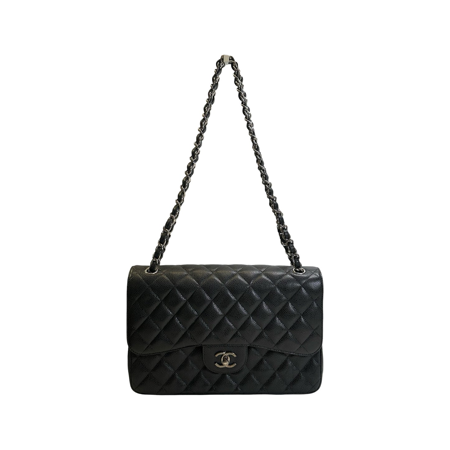 Used CHANEL Quilted Caviar leather Jumbo Single Flap Bag Shoulder Bag Black Silver hardware