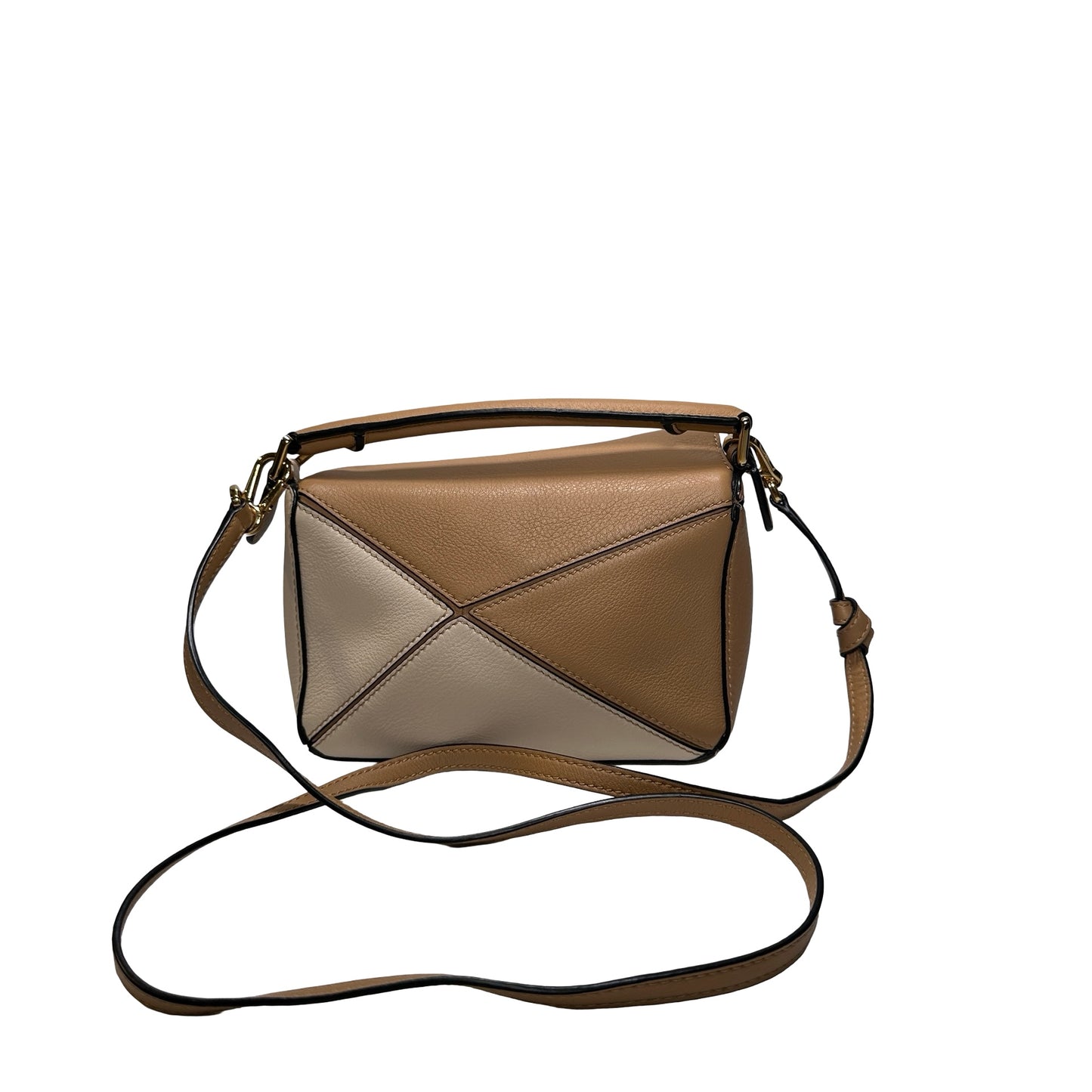 Used LOEWE Calfskin Leather MINI PUZZLE Cross Body Bag Beige Brown