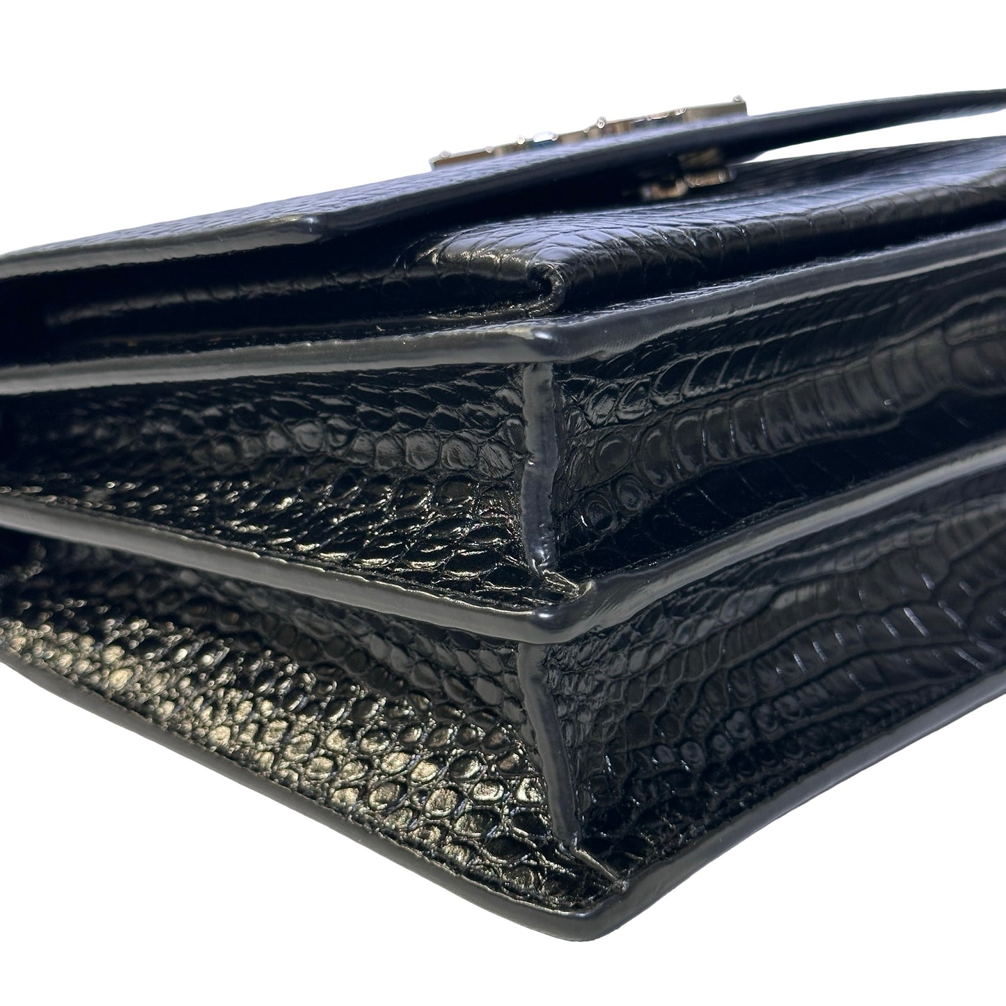 SAINT LAURENT Crocodile Embossed Leather Sunset Chain Shoulder Bag Black PHW