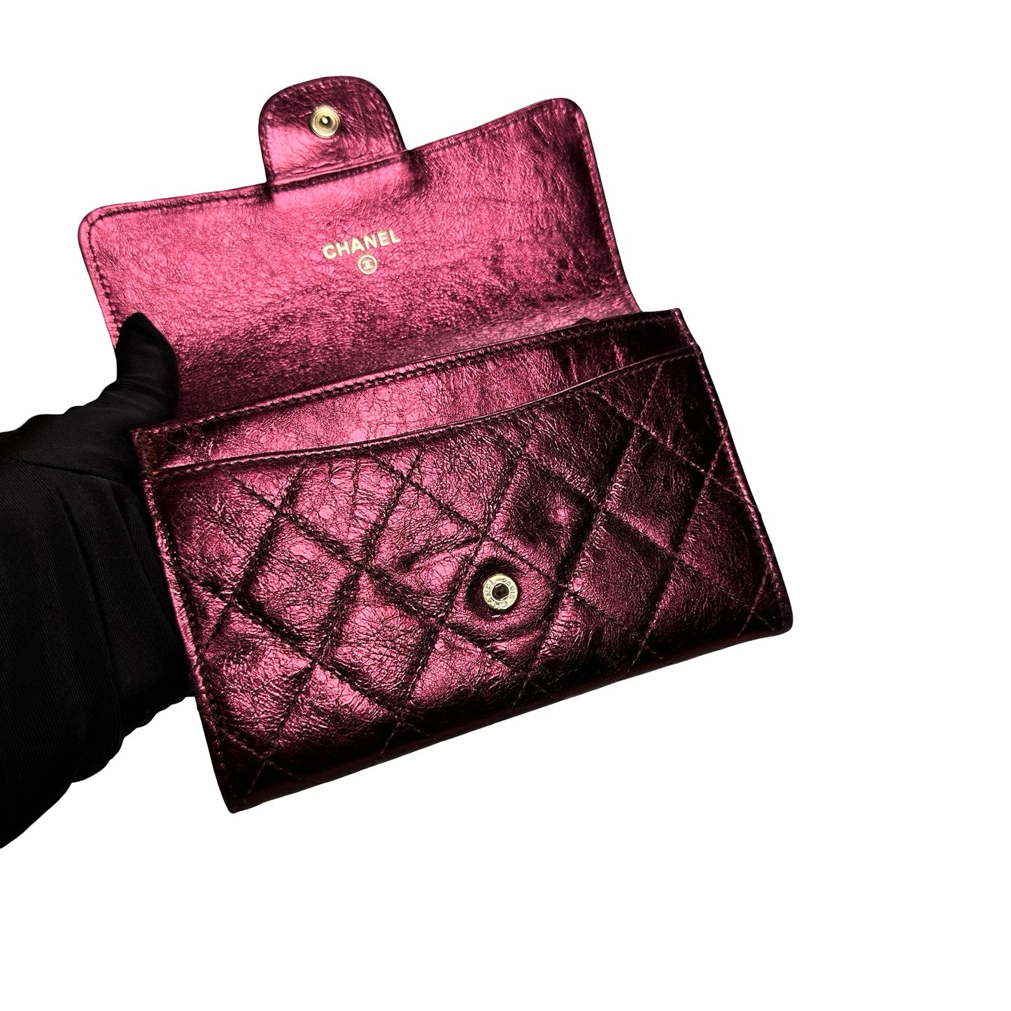 Used CHANEL Quilted Aged Calfskin 2.55 Flap Wallet Wallet Burgundy Metallic