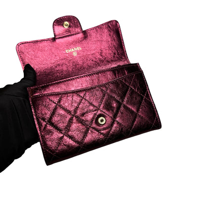 Used CHANEL Quilted Aged Calfskin 2.55 Flap Wallet Wallet Burgundy Metallic