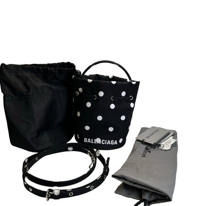 Used BALENCIAGA Polka Dot Wheel Drawstring Bucket Bag Bucket Bag Black White