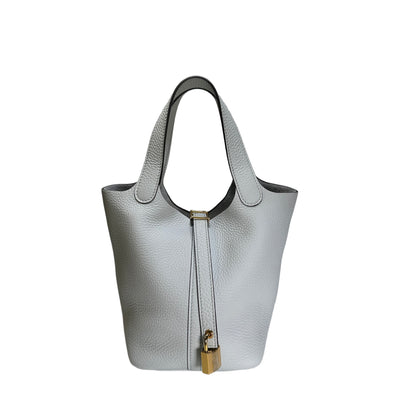 Used HERMES Clemence Picotin Lock Bucket Bag Blue GHW