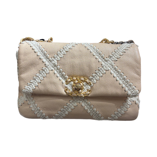 Used CHANEL Calfskin Leather 19 Small Calfskin Chain Shoulder Bag Beige GHW