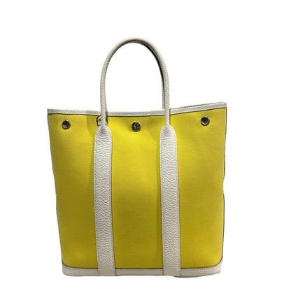 Used HERMES Canvas Leather Garden File Tote Bag Yellow White