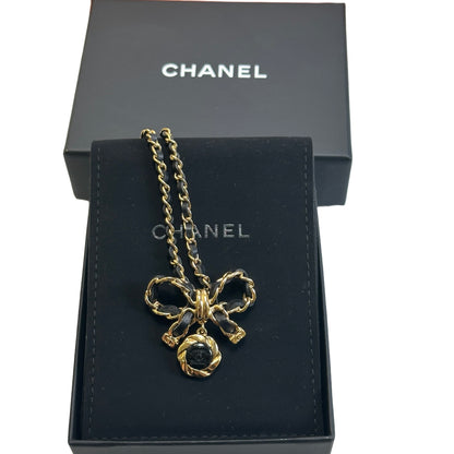 Used CHANEL Chain Bow Bow Ribbon Chain Necklace Gold Black