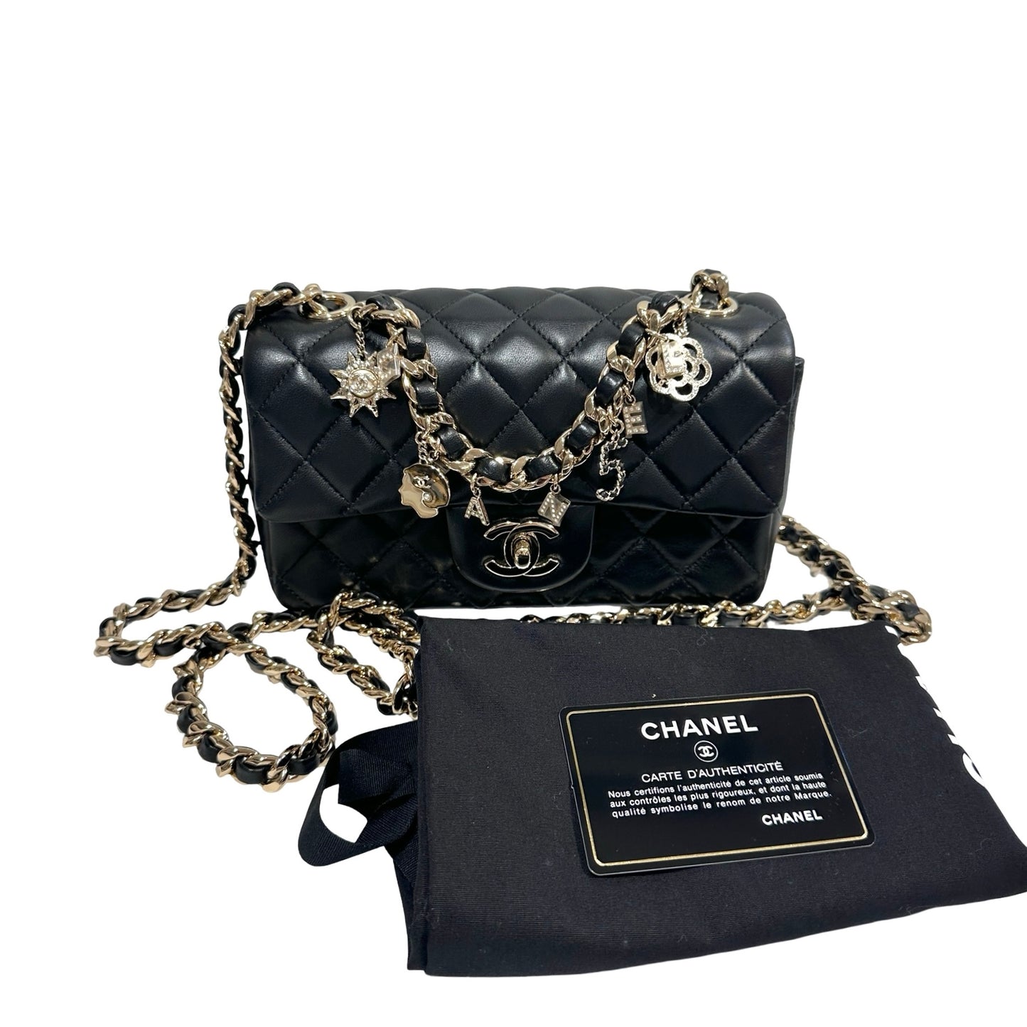 Used CHANEL Lambskin Quilted Mini Flap Bag Coco Charms Mini Bag Black Gold Hardware