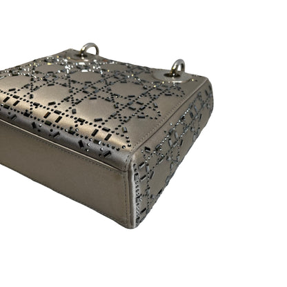 DIOR Cannage Studded Lady Dior Handbag Grey Silver