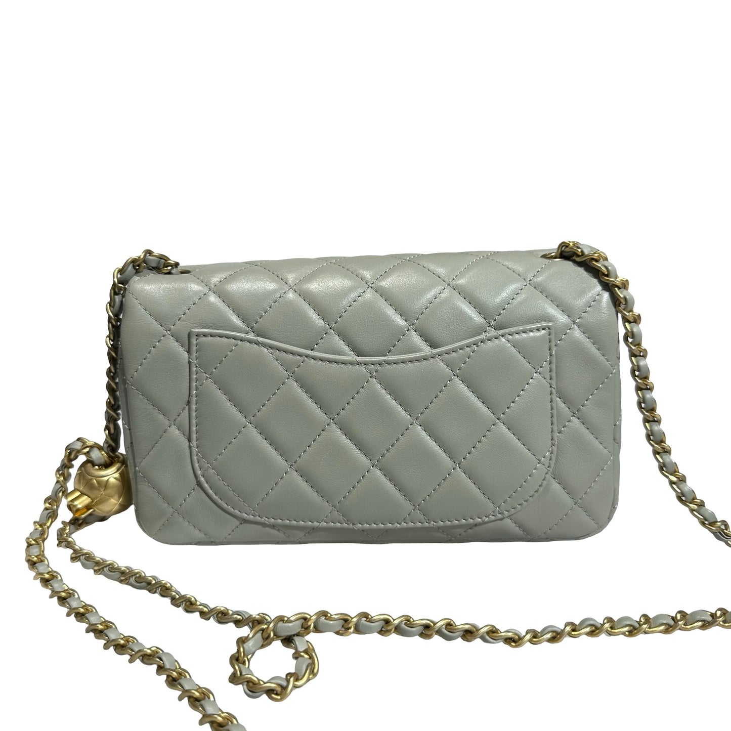 Used CHANEL Lambskin Leather Classic Flap with Gold Ball Chain Shoulder Bag Grey GHW