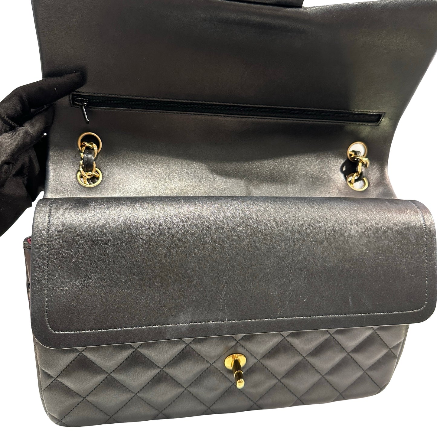 Used CHANEL Lambskin Quilted Jumbo Shoulder Bag Black Gold