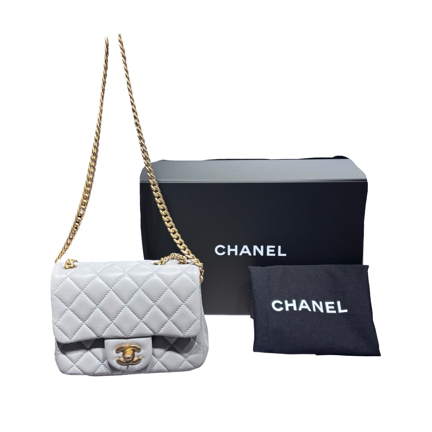 Used CHANEL Lambskin Leather Classic Flap Mini Chain Shoulder Bag Grey GHW
