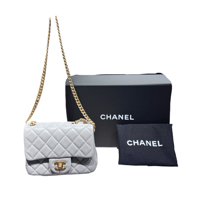 Used CHANEL Lambskin Leather Classic Flap Mini Chain Shoulder Bag Grey GHW