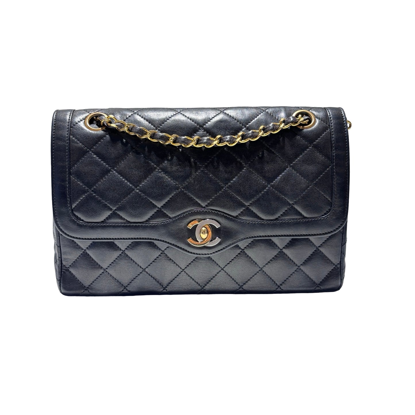 Used CHANEL Lambskin Leather Vintage Paris Double Flap Medium Chain Shoulder Bag Black GHW