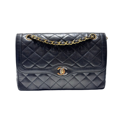Used CHANEL Lambskin Leather Vintage Paris Double Flap Medium Chain Shoulder Bag Black GHW