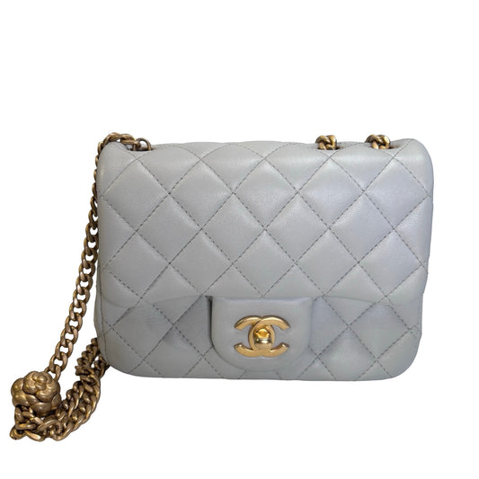 Used CHANEL Quilted Lambskin 23S Mini Square Bag Chain shoulder bag Blue Clair GHW