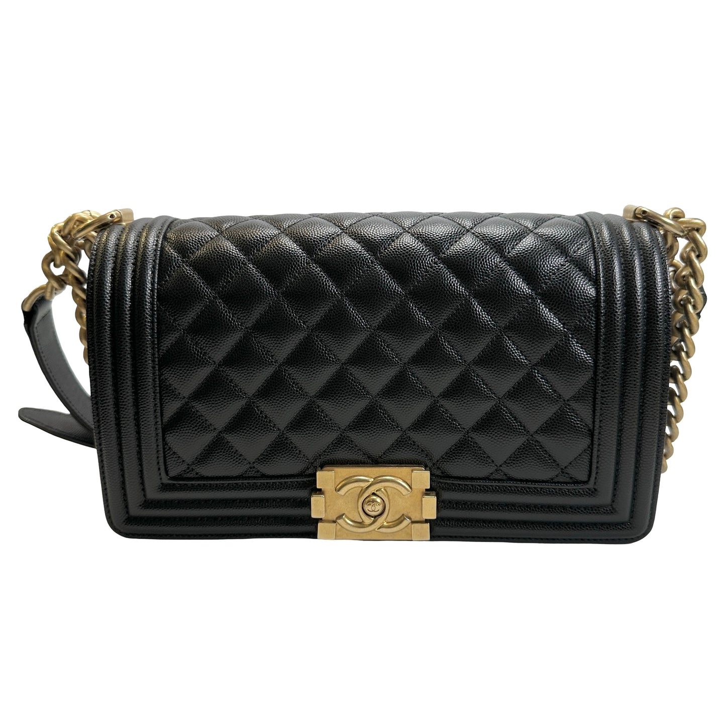 Used CHANEL Quilted Caviar Leather Le Boy Shoulder Bag Black Gold Hardware