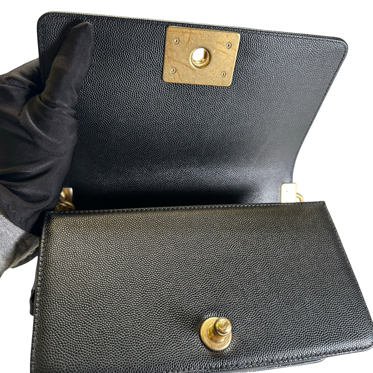 Used CHANEL Quilted Caviar Boy 20 Shoulder Bag Black Gold