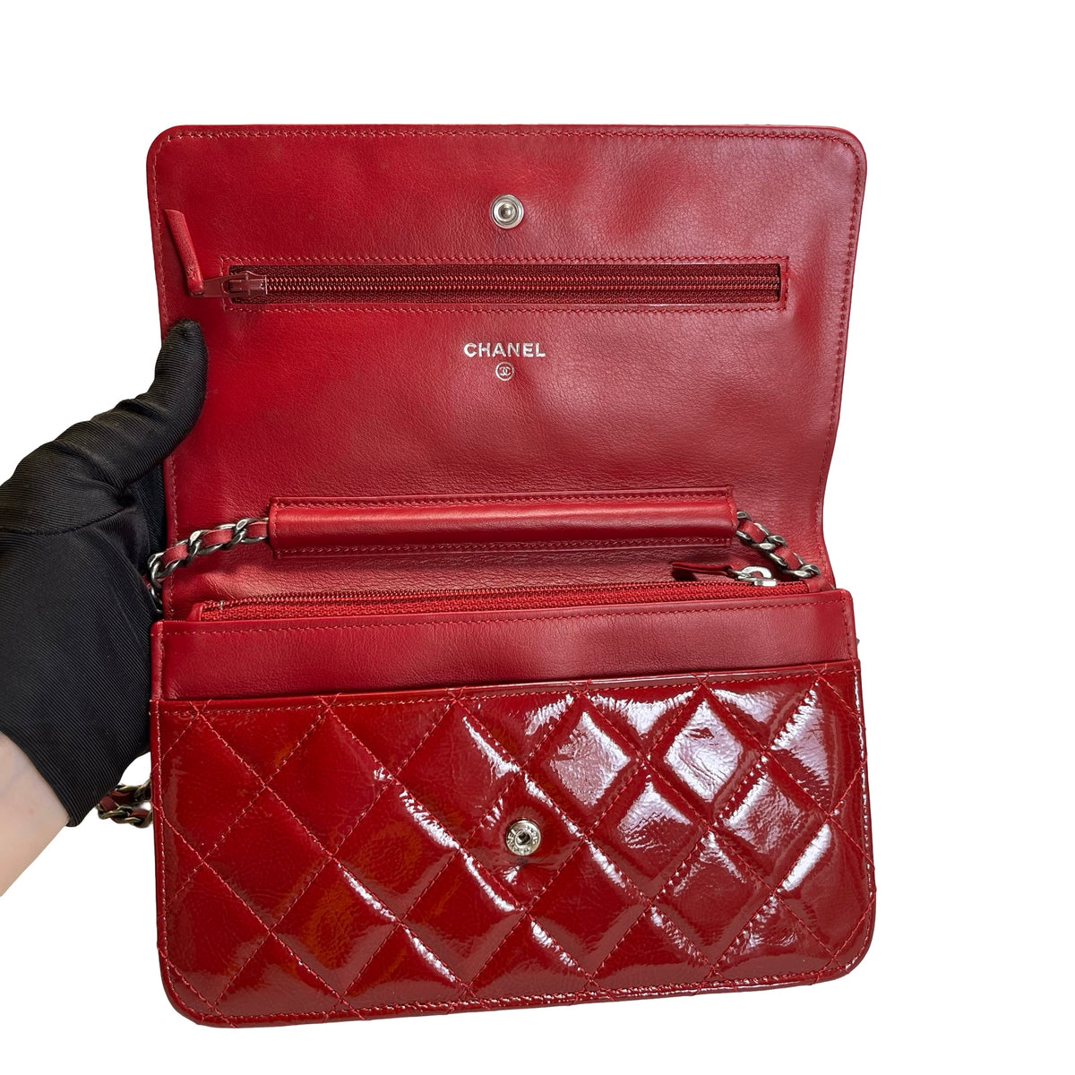 Used CHANEL Quilted Patent Leather 2.55 WOC Handbag Red