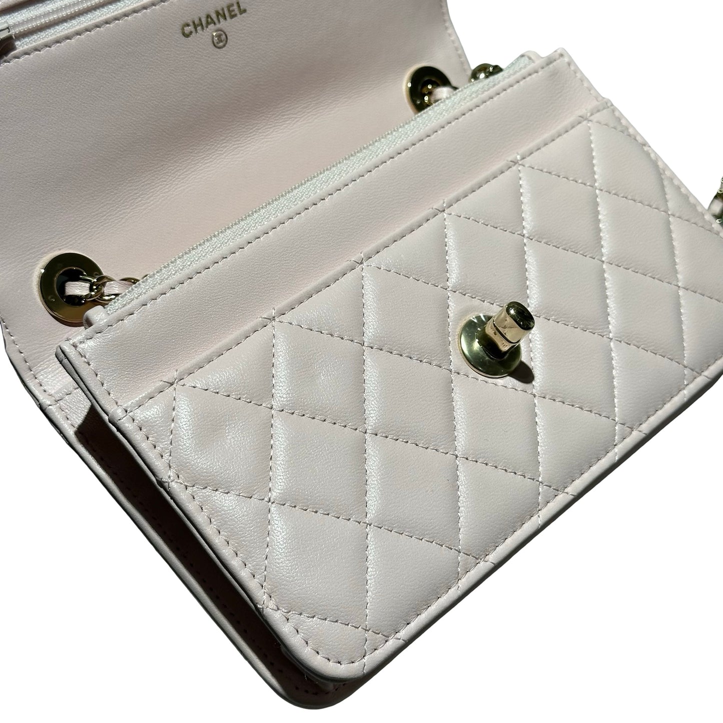 Used CHANEL Lambskin Leather WOC Cross Body Bag Pink GHW