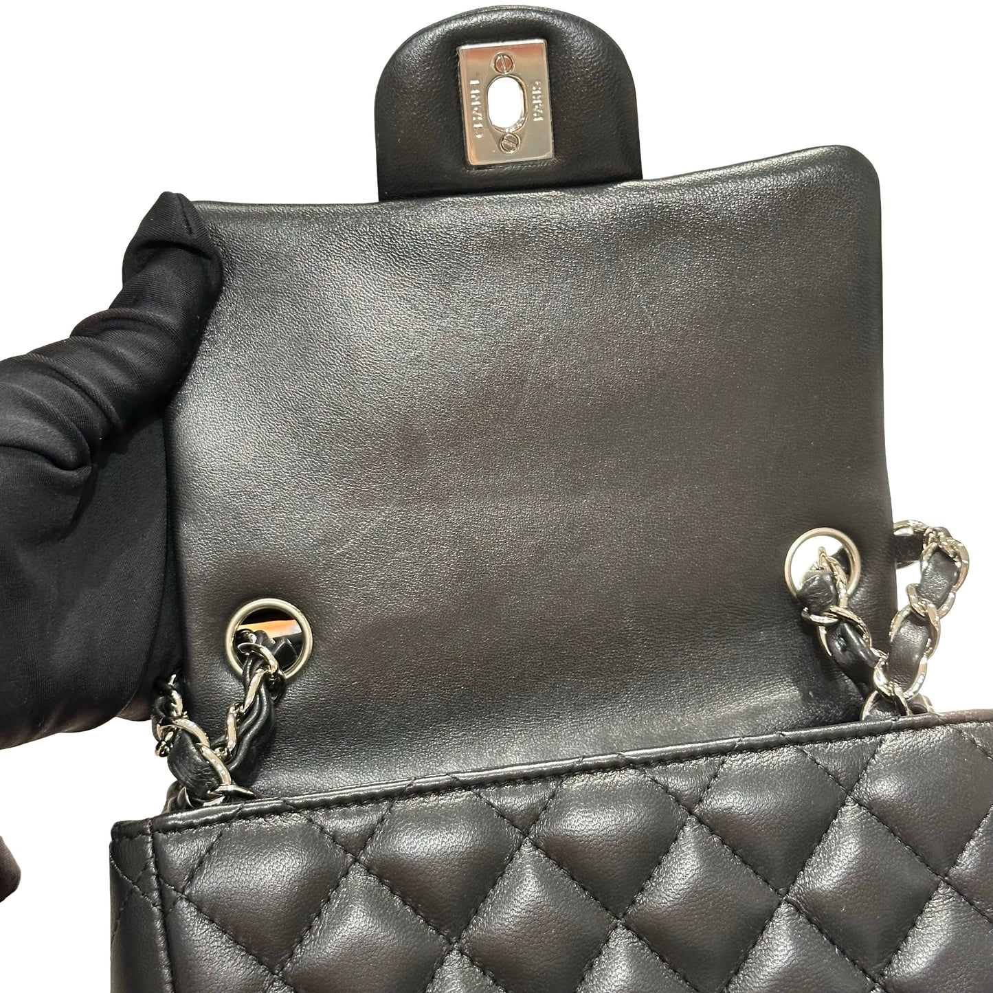 Used CHANEL Lambskin Leather Mini flap 17cm Cross Body Bag Black PHW