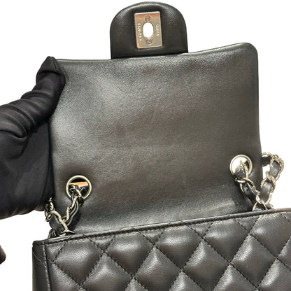 Used CHANEL Lambskin Leather Mini flap 17cm Cross Body Bag Black PHW