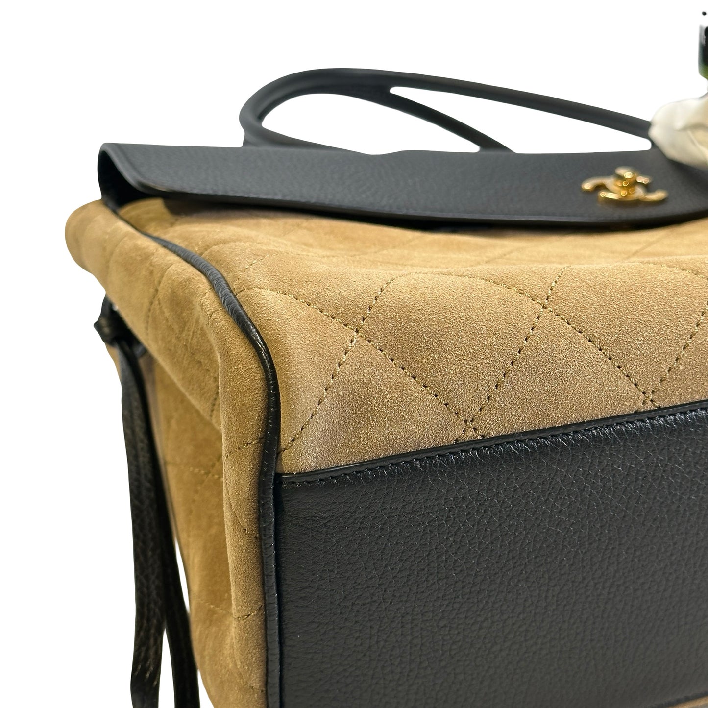 Brand New CHANEL Quilted Suede Caviar Deauville Tote Bag Beige Black Gold
