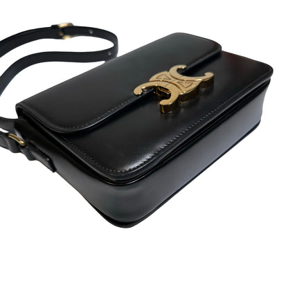 Used CÉLINE Calfskin Leather TEEN TRIOMPHE Cross Body Bag Black GHW