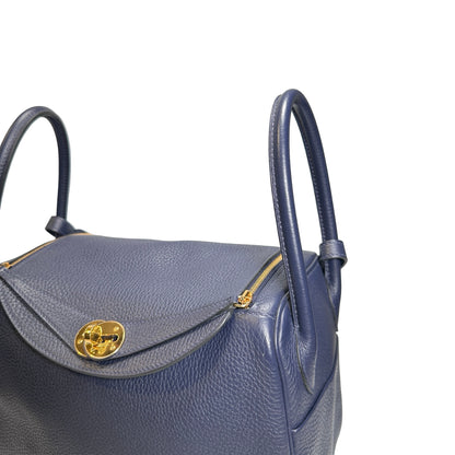 Used HERMES Clemence Lindy 26 Handbag Navy GHW