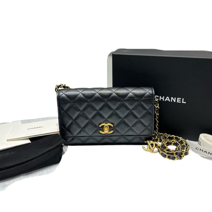 Used Chanel Caviar Leather Wallet on Chain Black GHW