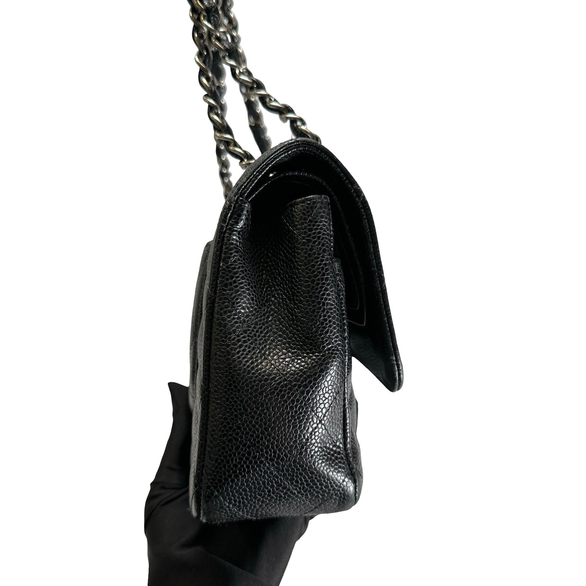 Used CHANEL Caviar Quilted Classic Flap Chain Shoulder Bag Black Silver